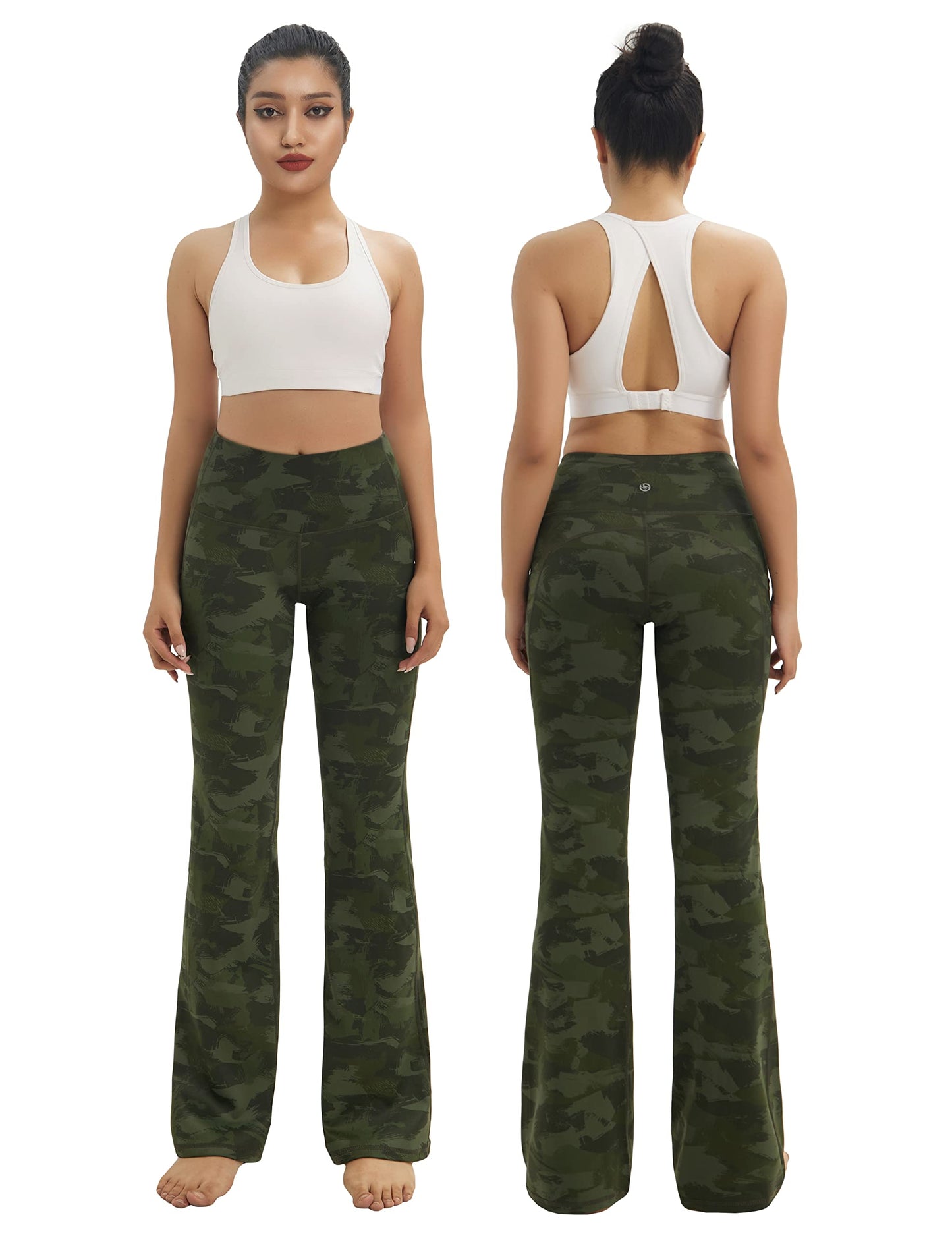 BUBBLELIME 29"/31"/33"/35" 4 Styles Women's Tummy Control Bootcut Yoga Pants - Side Pockets_Green BRUSHCAMO S-35 Inseam