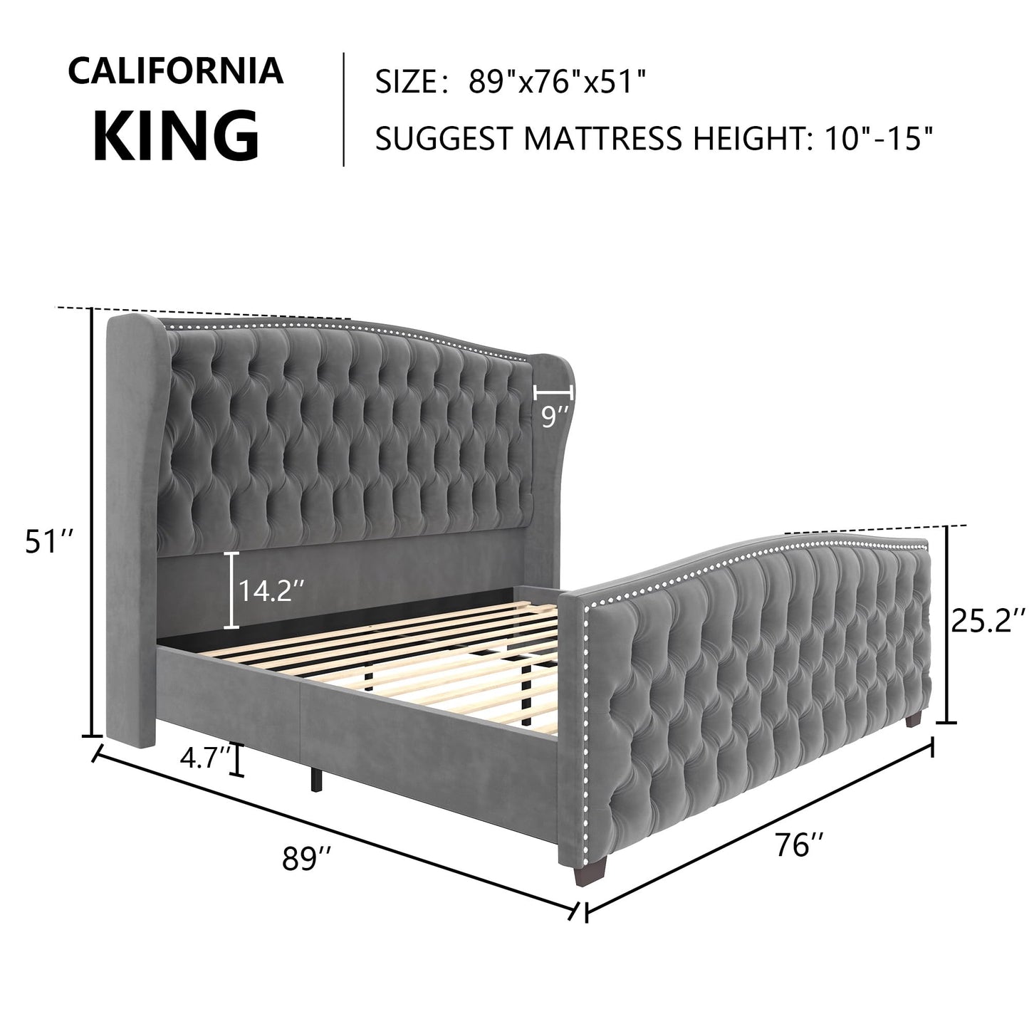 AMERLIFE California King Size Platform Bed Frame, Velvet Upholstered Bed with Deep Button Tufted & Nailhead Trim Wingback Headboard/No Box Spring Needed, Grey