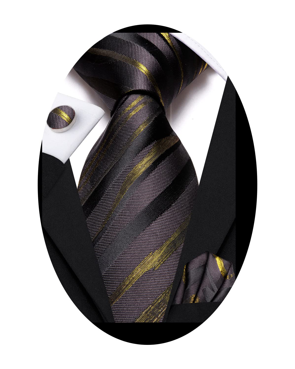 Hi-Tie Coffee Black Extra Long Ties for Men 70'' Silk Mens Ties Set Dress Necktie and Pocket Square Cufflink for Wedding