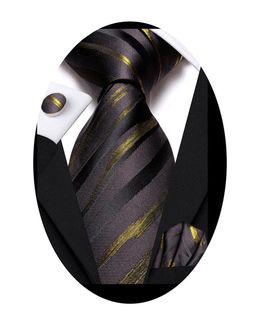 Hi-Tie Coffee Black Extra Long Ties for Men 70'' Silk Mens Ties Set Dress Necktie and Pocket Square Cufflink for Wedding