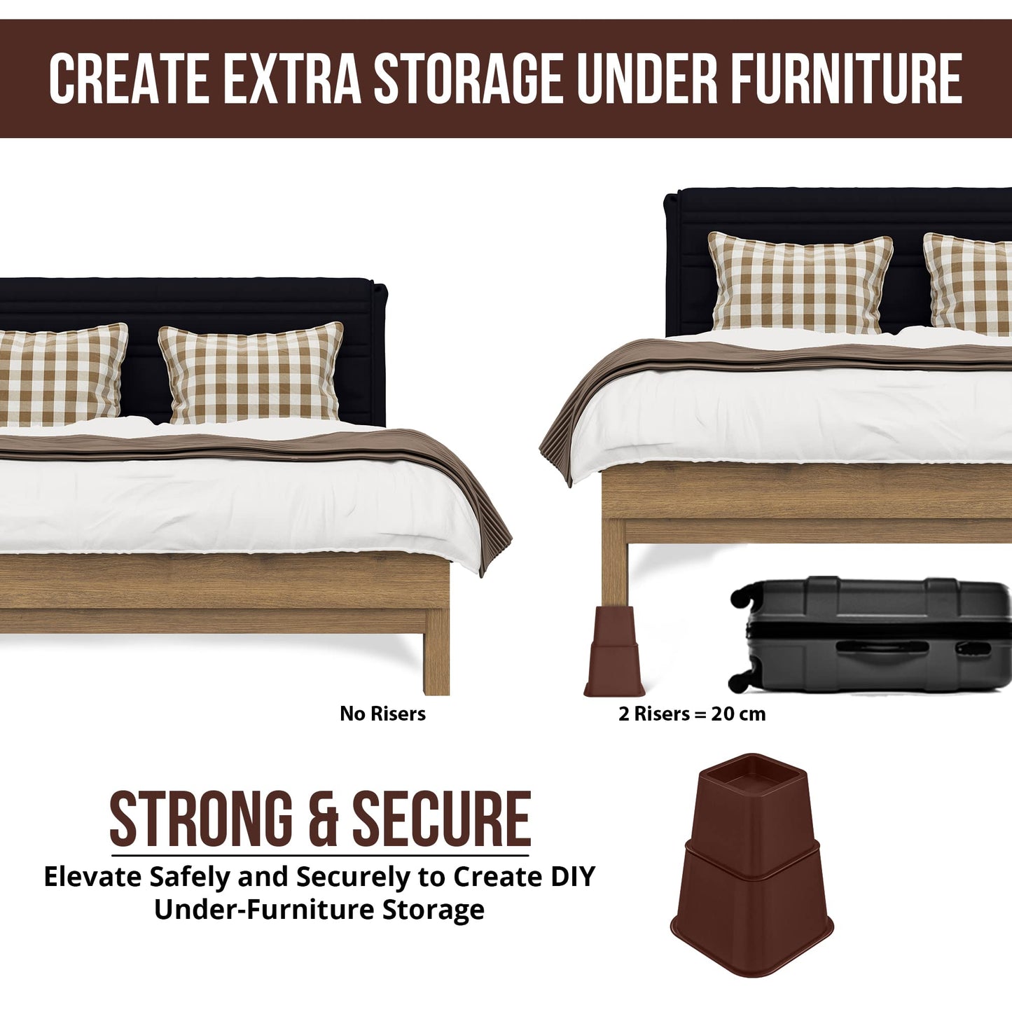 Utopia Bedding Adjustable Bed Furniture Risers - Elevation in Heights 3, 5 or 8 Inch Heavy Duty Risers for Beds - Supports up to 1,300 lbs - (Set of 4 Riser, Reddish Brown)