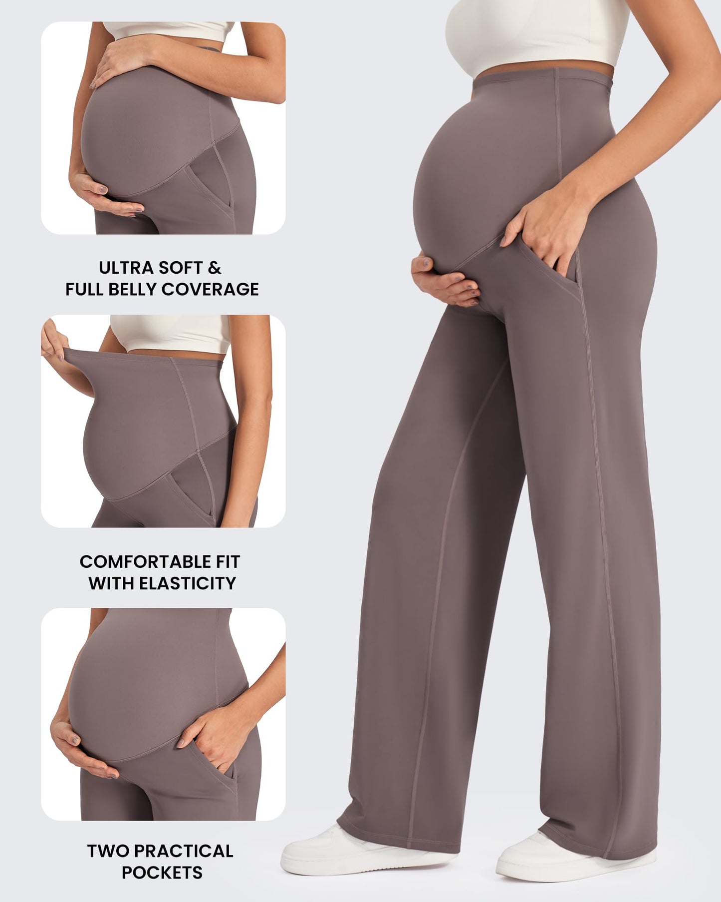 G4Free Women's Maternity Pants for Work Over-Bump Pregnancy Leggings Casual Stretchy Straight Yoga Pants with Pockets(Taupe,XL,32")