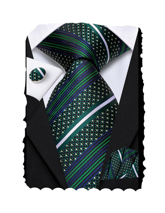 Hi-Tie Green Blue Extra Long Ties for Men Silk 70'' Mens Long Ties Set and Pocket Square Cufflinks Striped Neckties