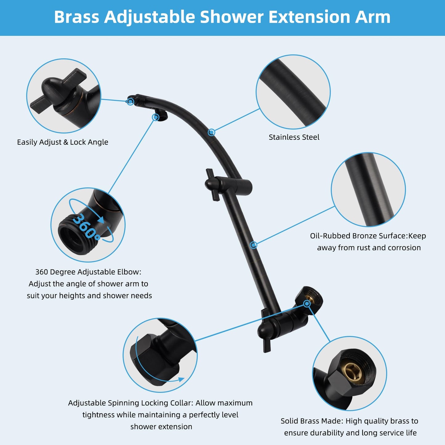 Hibbent All Metal 16'' Shower Head Extension Arm, Solid Brass Flexible Height & Angle Adjustable Shower Head Arm Extender with Lock Joints, Stainless Steel G1/2 Universal Connection, Oil-Rubbed Bronze