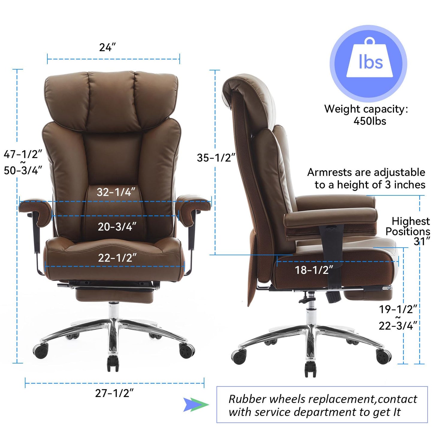 Big and Tall Ergonomic Office Chair 450LBS with Foot Rest, High Back PU Leather Executive Chair with Adjustable Padded Armrests, Lumbar Support for Home or Work, Heavy Duty Computer Chair, Brown