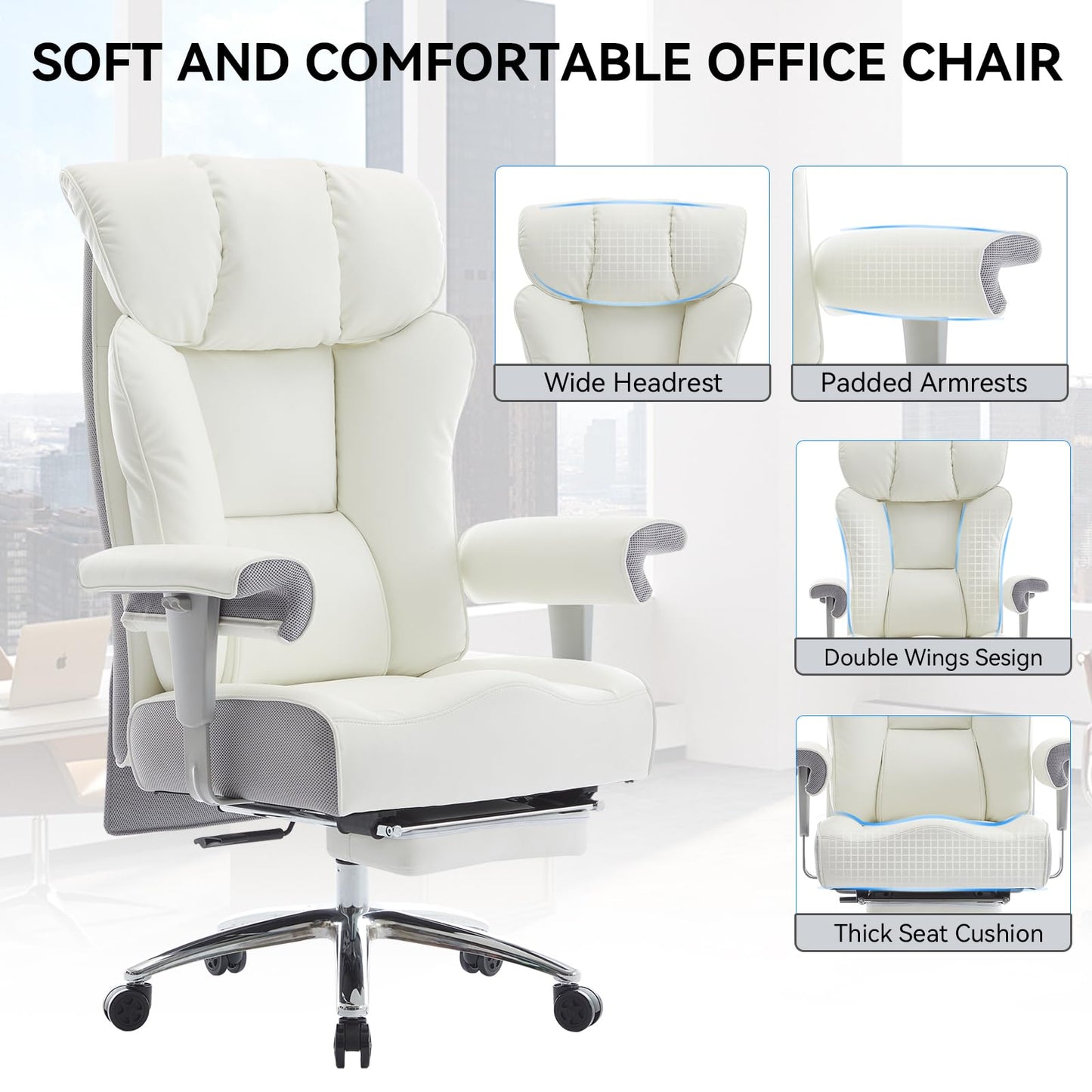 Efomao Big and Tall Office Chair 450LBS with Foot Rest, High Back PU Leather Executive Office Chair with Adjustable Padded Armrests, Lumbar Support for Home or Work, Heavy Duty Computer Chair, White