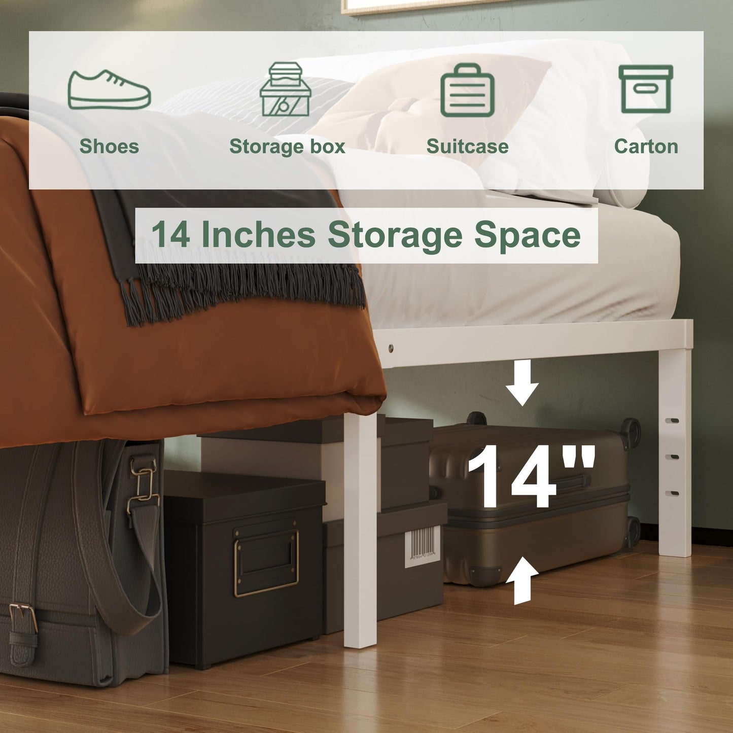 Upcanso 16 Inch White California King Bed Frames No Box Spring Need, Platform Cal King Bed Frame with High Storage, Eassy Assembly 3,500 lbs Heavy Duty Bedframes