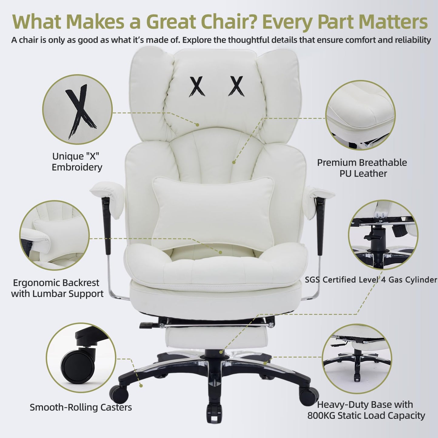 Efomao White Big and Tall Office Chair with Footrest – Ergonomic High-Back Computer Chair with Adjustable Armrests, Wide Seat – Modern Home Office, Gaming & Study Chair for Young Professionals