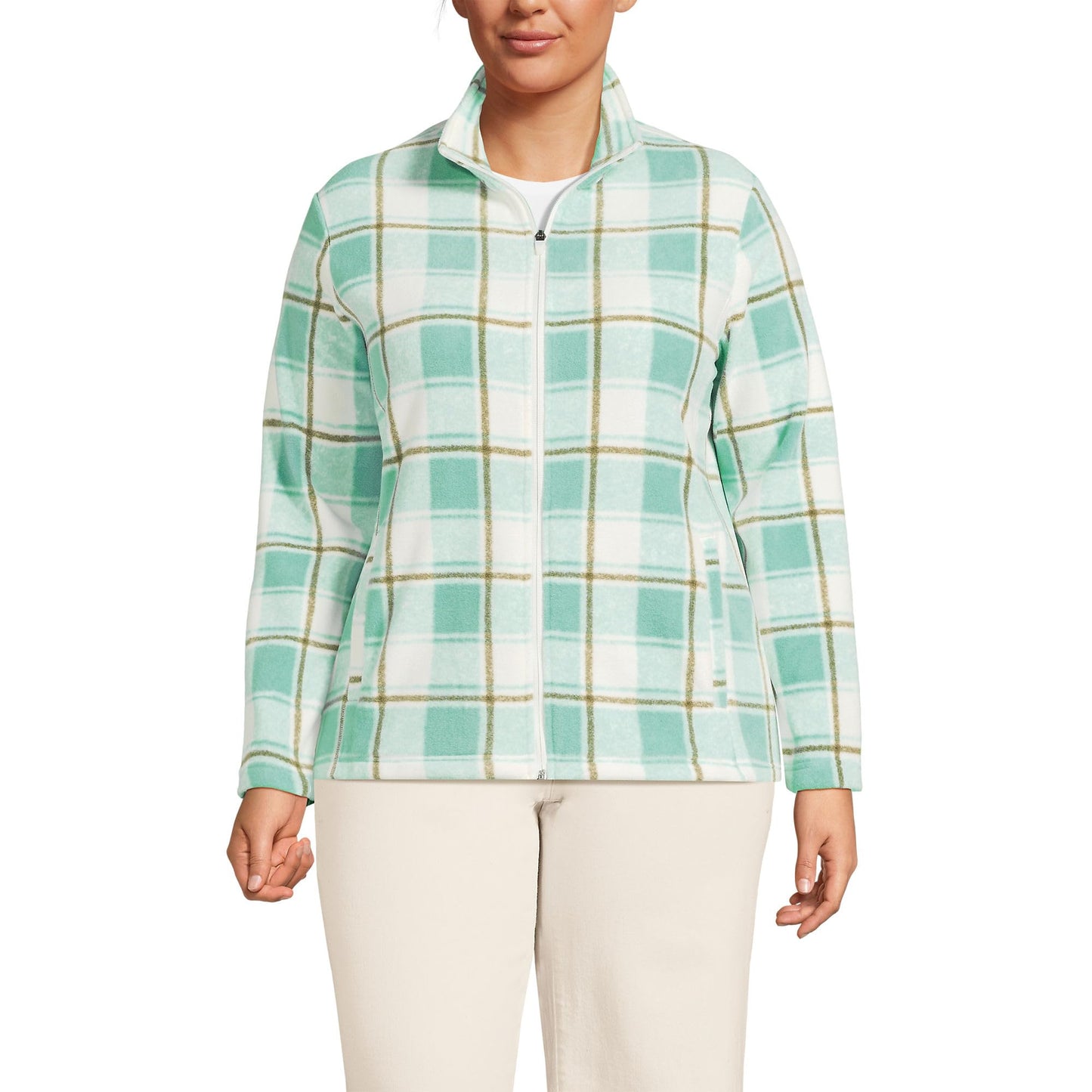 Lands' End Womens Anyweather Fleece Full Zip Jacket Print Mint Sky Buff Check Tall X-Large