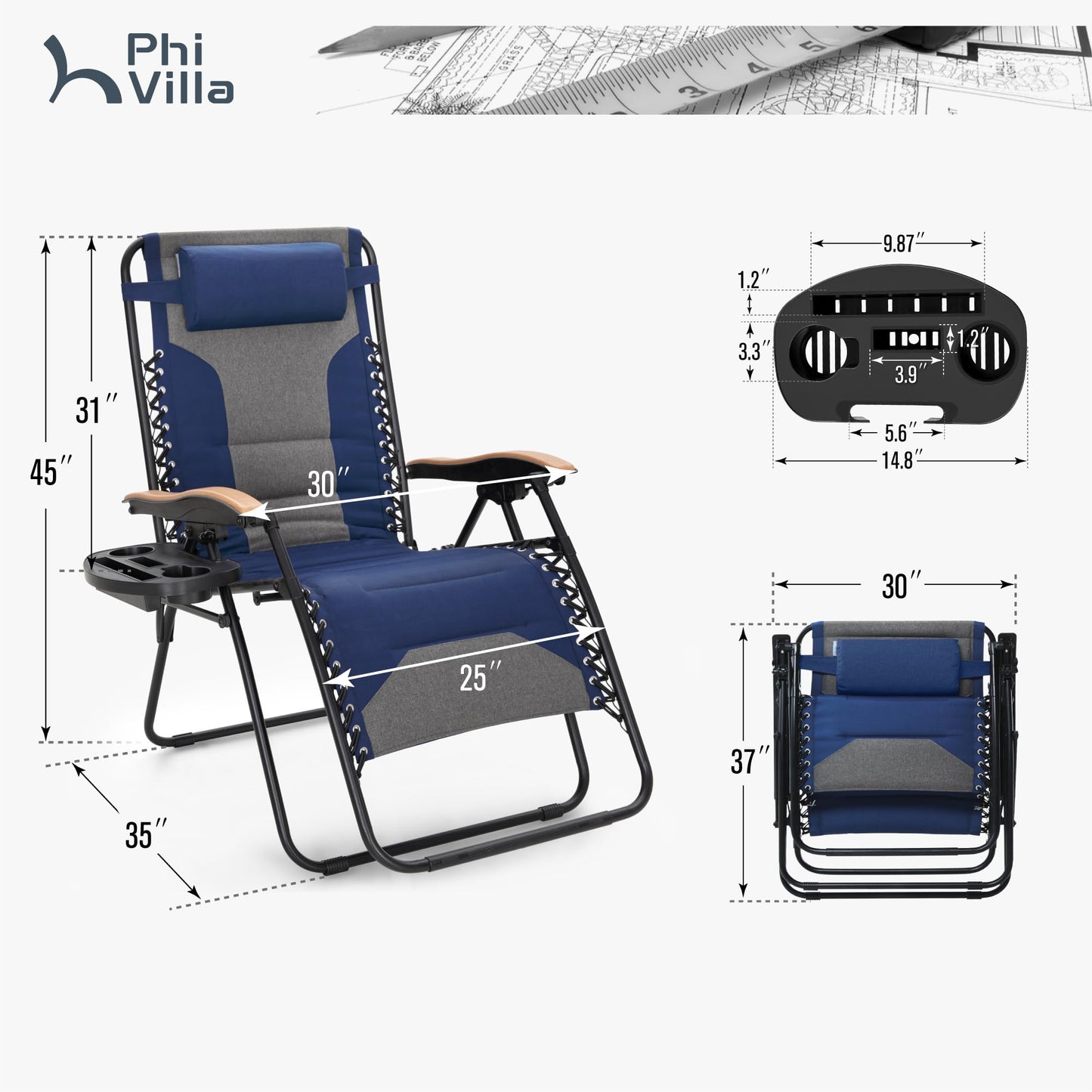PHI VILLA XXL Oversized Padded Zero Gravity Chair, Foldable Patio Recliner, 30" Wide Seat Anti Gravity Lounger with Cup Holder, Support 400 LBS