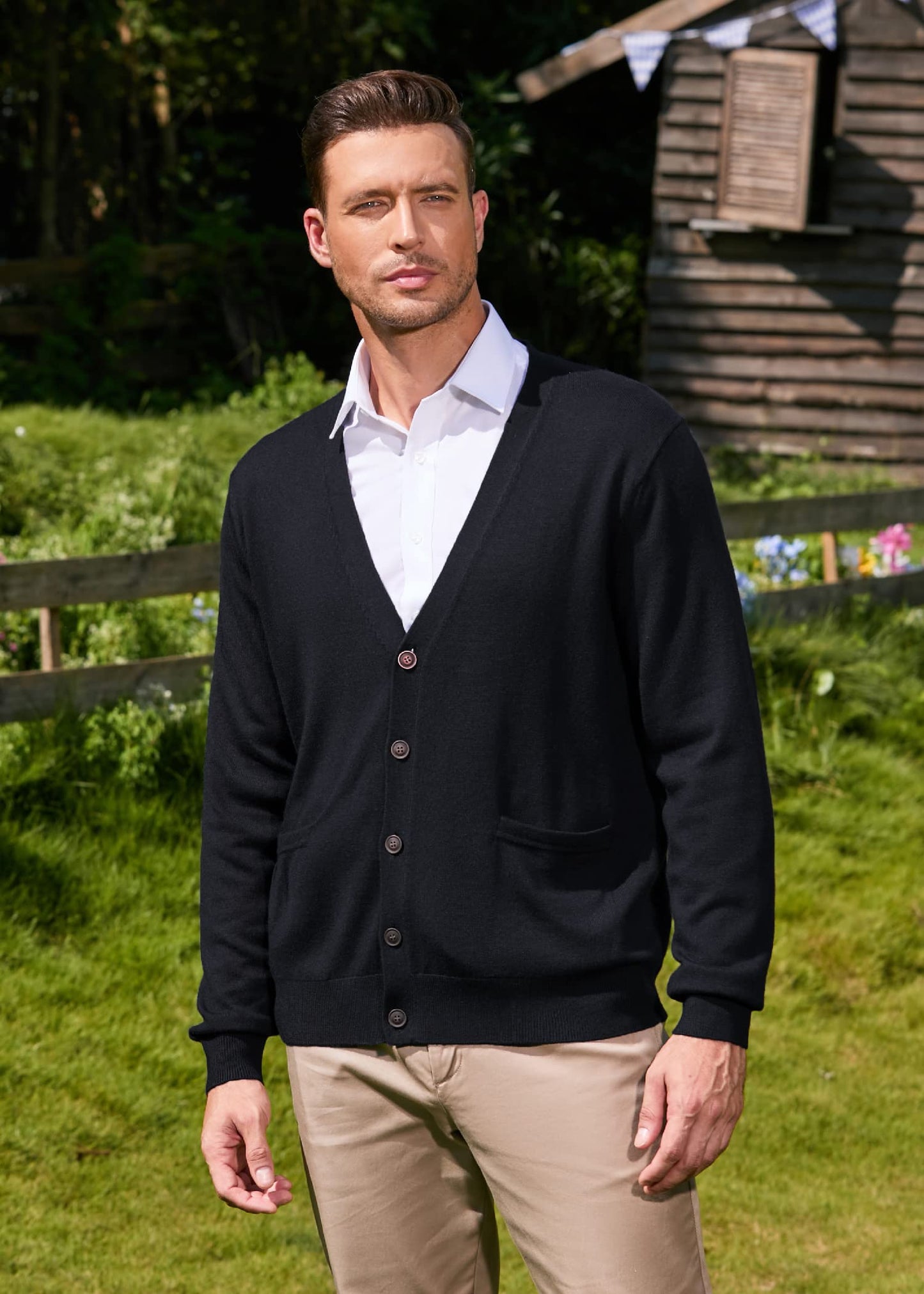Kallspin Men's Tall Cardigan Sweaters Wool Blend V Neck Button Down Sweaters with Pockets(Black, L-Tall)