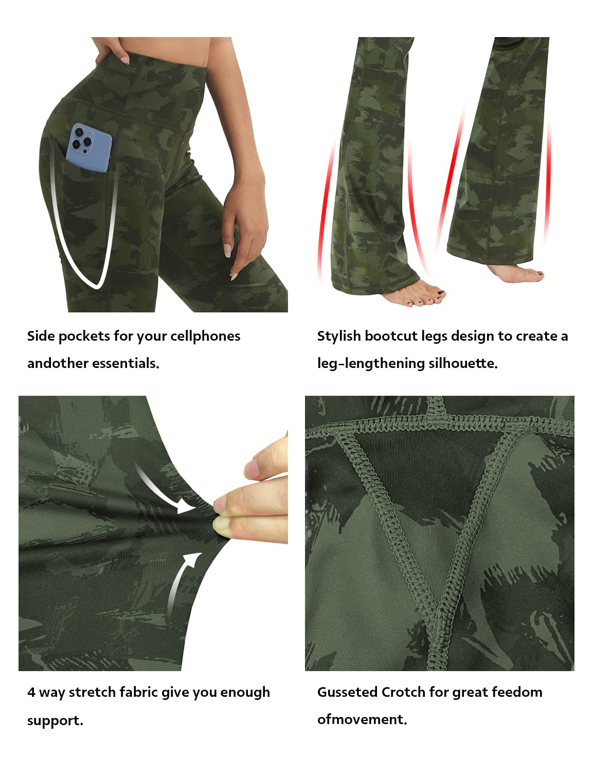 BUBBLELIME 29"/31"/33"/35" 4 Styles Women's Tummy Control Bootcut Yoga Pants - Side Pockets_Green BRUSHCAMO L-37 Inseam