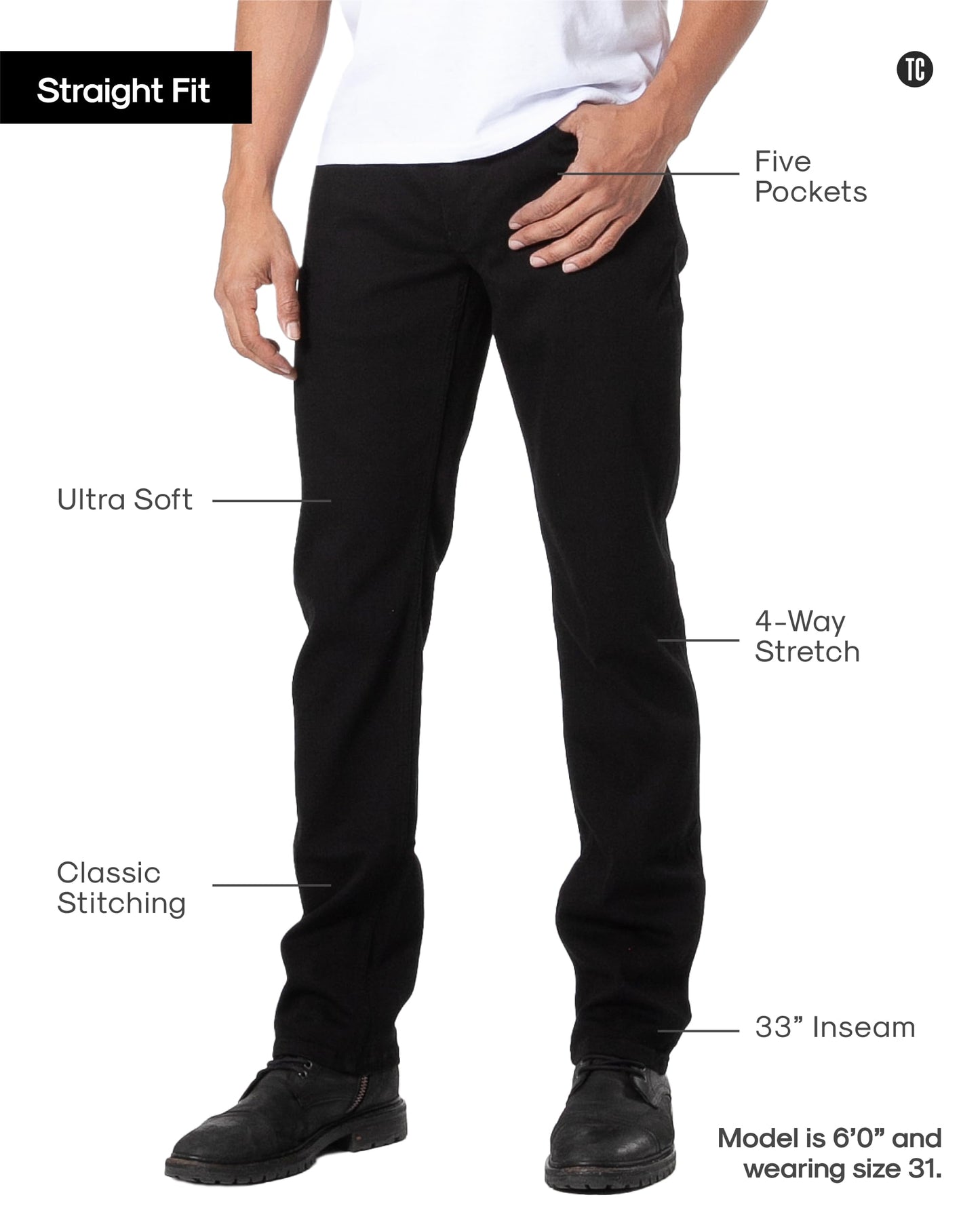 True Classic Mens Jeans – Stretch Jeans for Men, Straight Fit Men’s Stretch Jean, Straight Leg, High-Stretch - Black, 33W X 36L