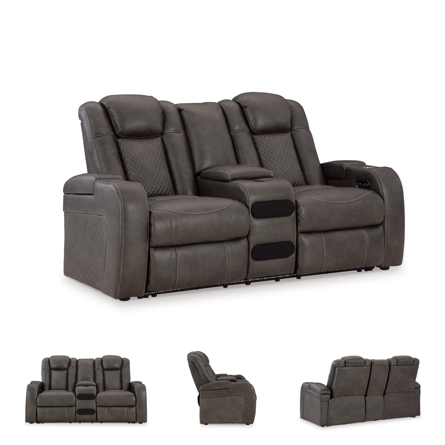 Signature Design by Ashley Fyne-Dyme Contemporary Power Reclining Loveseat with Console, USB Charging Ports and Adjustable Headrest, Gray