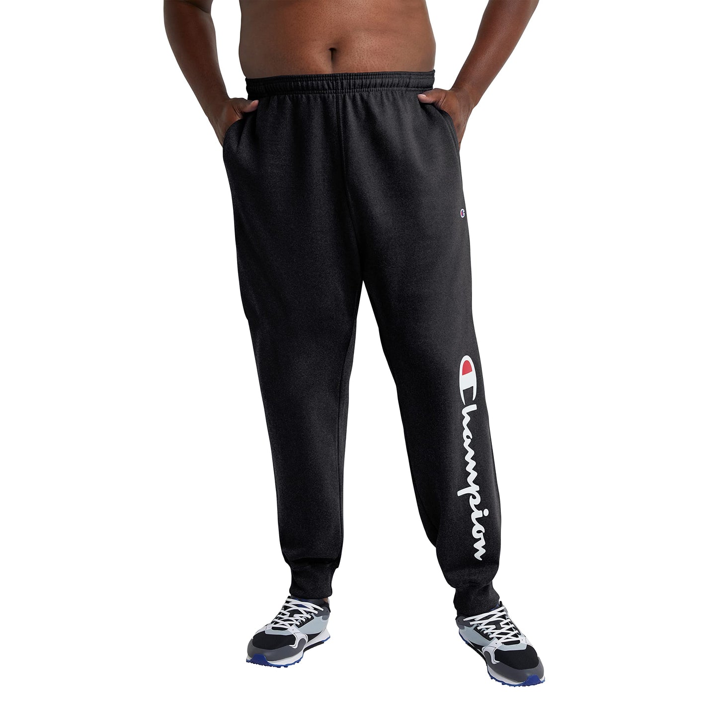 Champion Men's Fleece Joggers, Sweatpants, Standard Fit, Midweight, C, Available in Regular and Big, Black-Classic Script Logo, 3X-Large Tall
