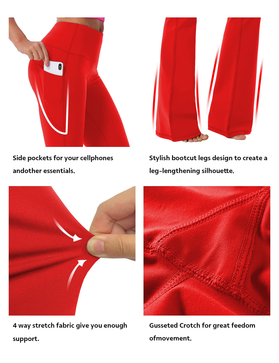 BUBBLELIME 29"/31"/33"/37" 4 Styles Women's Bootcut Yoga Pants Tummy Control - Side Pockets_Scarlet M_37" Inseam
