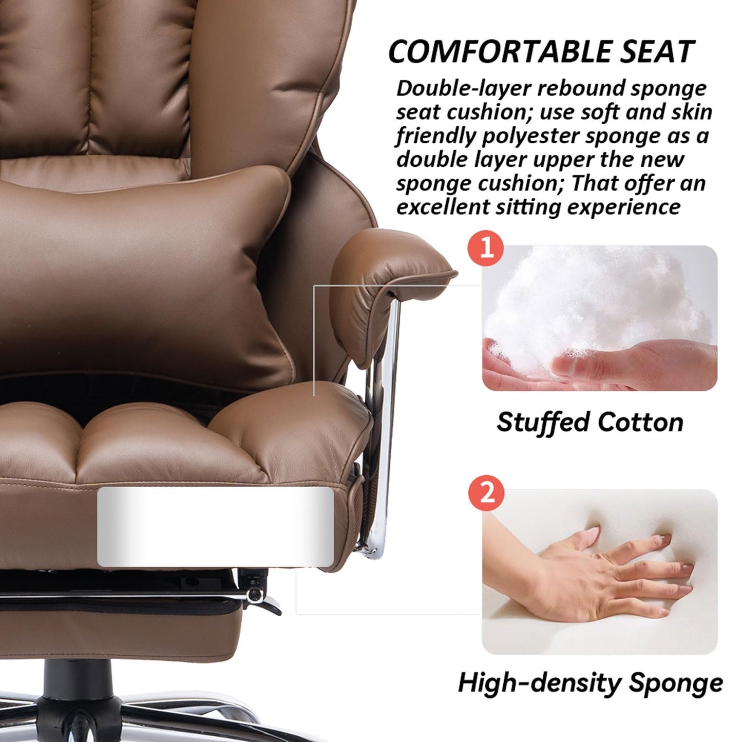 Efomao Big and Tall Office Chair 400lbs – High Back PU Leather Executive Chair with Lumbar Support, Footrest, Swivel Base, Padded Armrests, and Rolling Wheels for Home Office, Brown Computer Chair