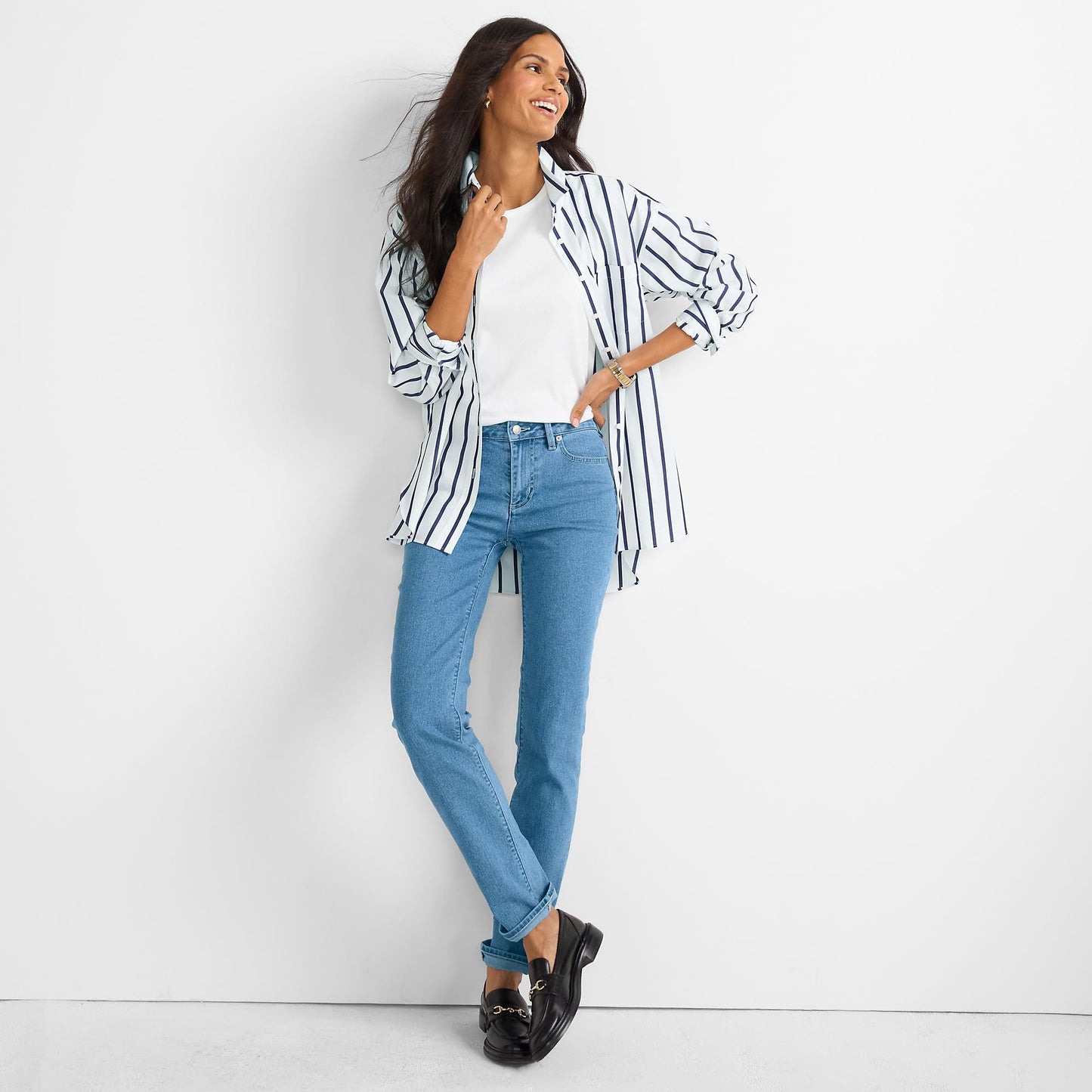 Lands' End Womens MR Straight Leg Blue Jeans-Recover Denim Hutton Blue Wash Regular 6 32