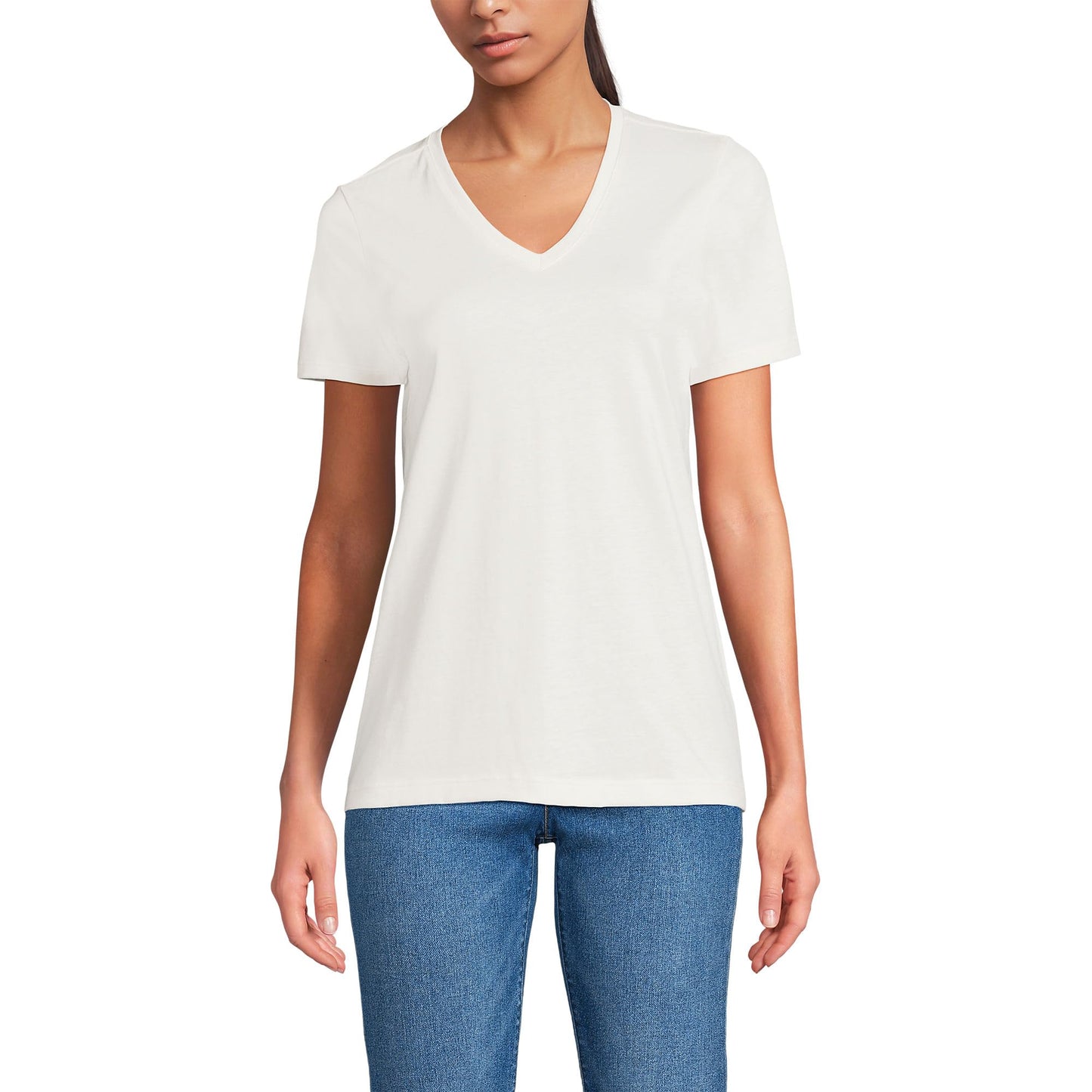 Lands' End Womens SS Relaxed Supima V Neck T Shirt Ivory Tall Large