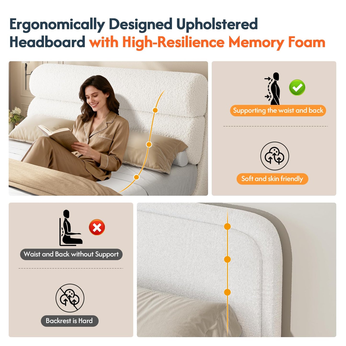 DICTAC California King Boucle Bed Frame with Headboard, Upholstered Platform Bed with Wood Slats, Soft Cloud Bed with Solid Wood Legs, No Box Spring Required, Easy Assembly, Cream