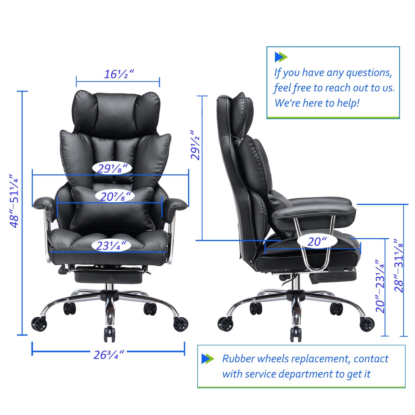 Efomao Desk Office Chair 400LBS, Big and Tall Office Chair, PU Leather Computer Chair, Executive Office Chair with Leg Rest and Lumbar Support, Black Office Chair