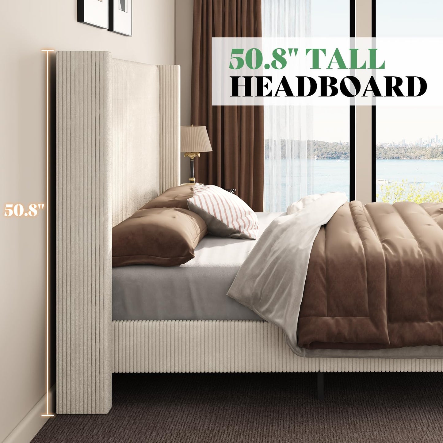 AMERLIFE California King Size Upholstered Bed Frame with 50.8" Tall Headboard, Wingback Platform Bed with Solid Wood Legs, Wooden Slats, Corduroy/No Box Spring Needed/Noise Free/Cream