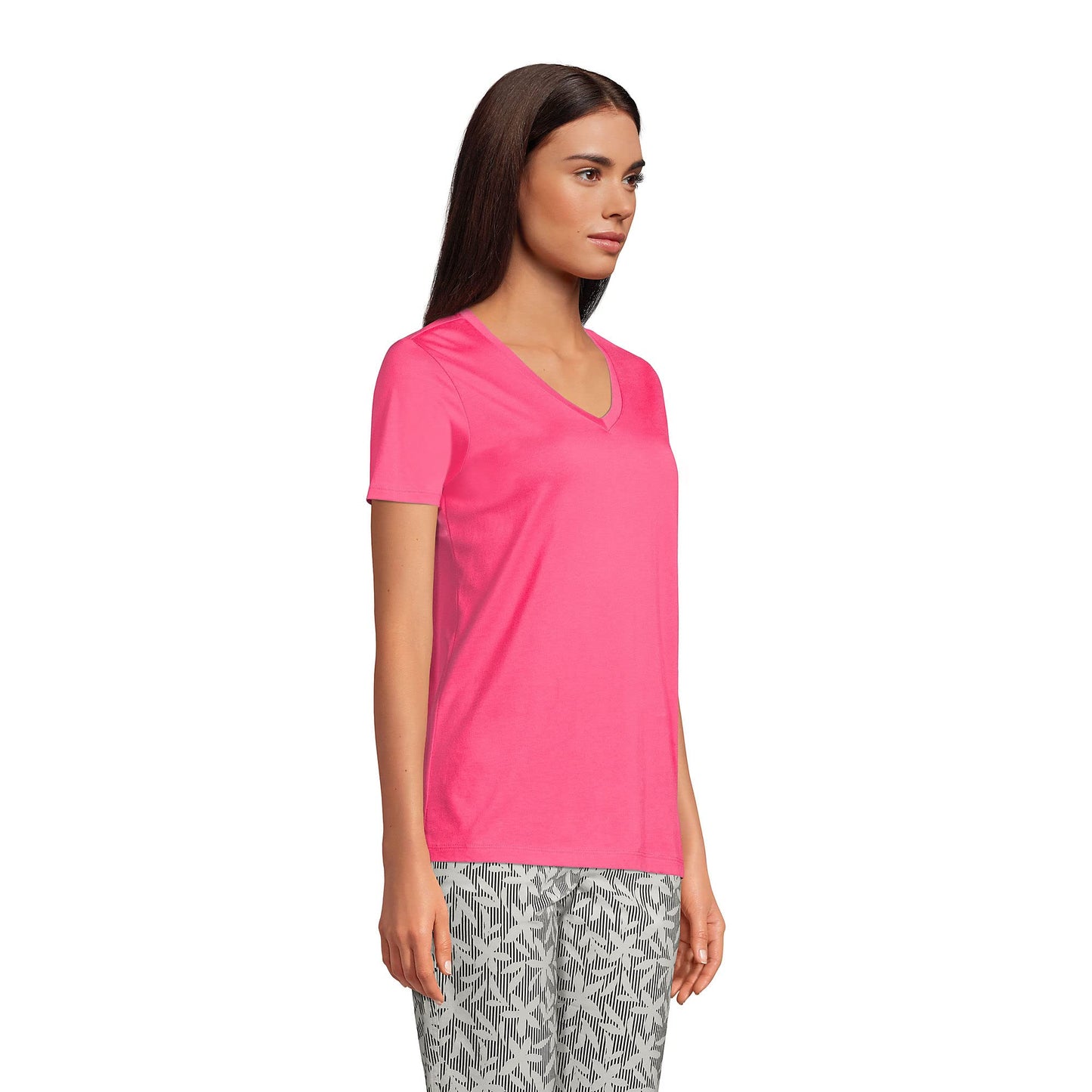 Lands' End Womens SS Relaxed Supima V Neck T Shirt Hot Pink Tall Small