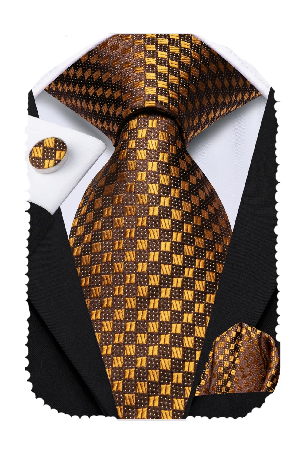 Hi-Tie Deep Gold Extra Long Men's Ties Set 70'' Silk Ties for Men Dress Necktie and Pocket Square Cufflinks for Wedding
