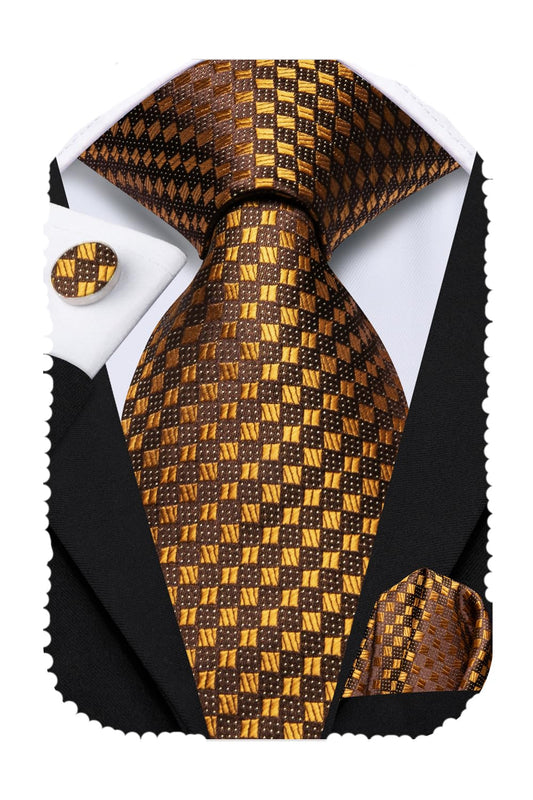 Hi-Tie Deep Gold Extra Long Men's Ties Set 70'' Silk Ties for Men Dress Necktie and Pocket Square Cufflinks for Wedding