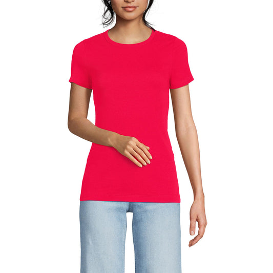 Lands' End Womens Short Sleeve Micro Rib Crew Berry Rouge Tall Small
