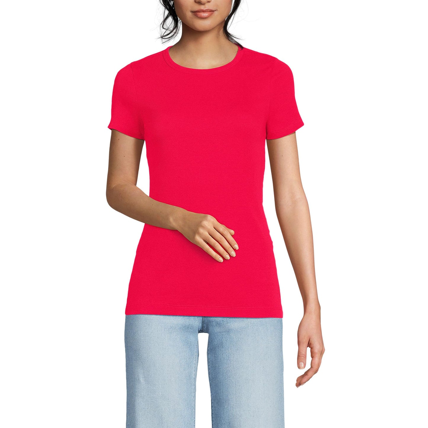 Lands' End Womens Short Sleeve Micro Rib Crew Berry Rouge Tall Large
