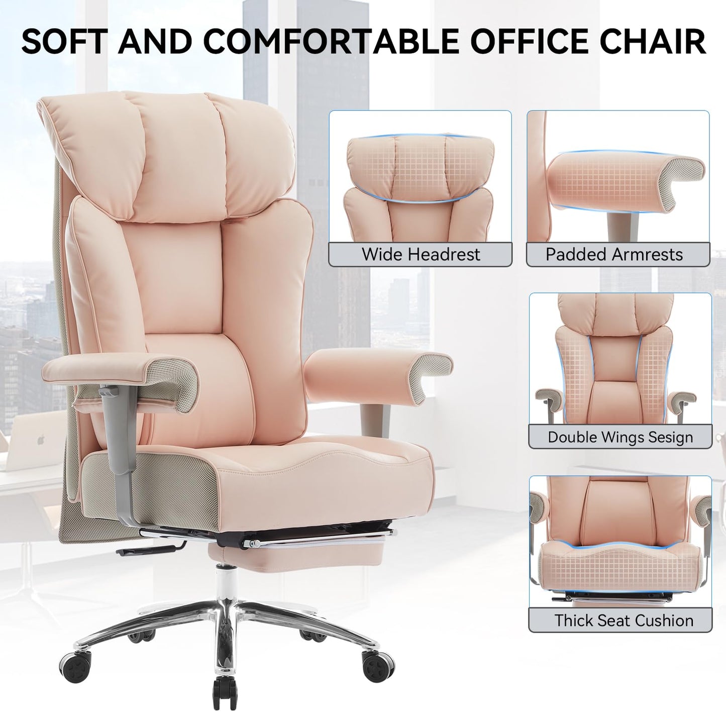 Efomao Big and Tall Ergonomic Office Chair 450LBS with Foot Rest, High Back PU Leather Executive Chair with Adjustable Padded Armrests, Lumbar Support for Home or Work, Heavy Duty Computer Chair, Pink