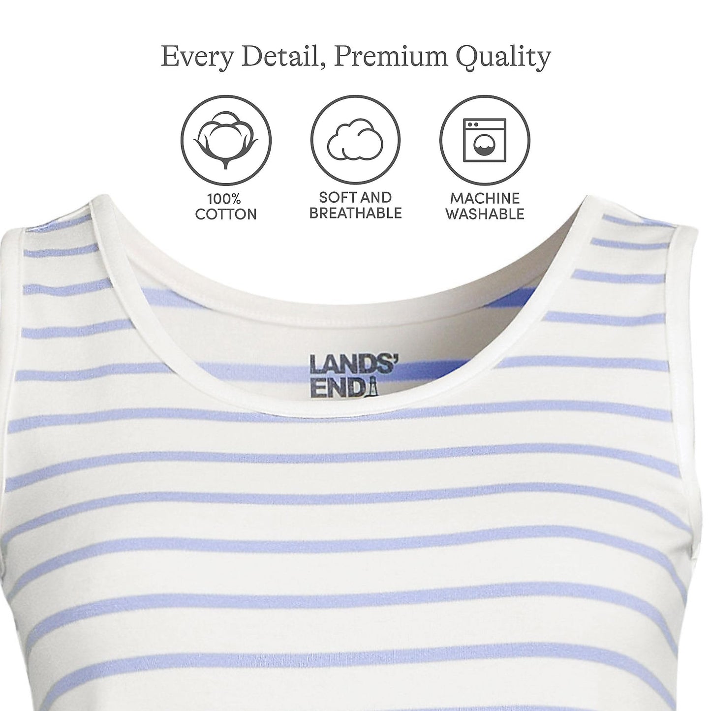Lands' End Womens Cotton Tank Top Ivory/Periwinkle Breton Stripe Tall Medium