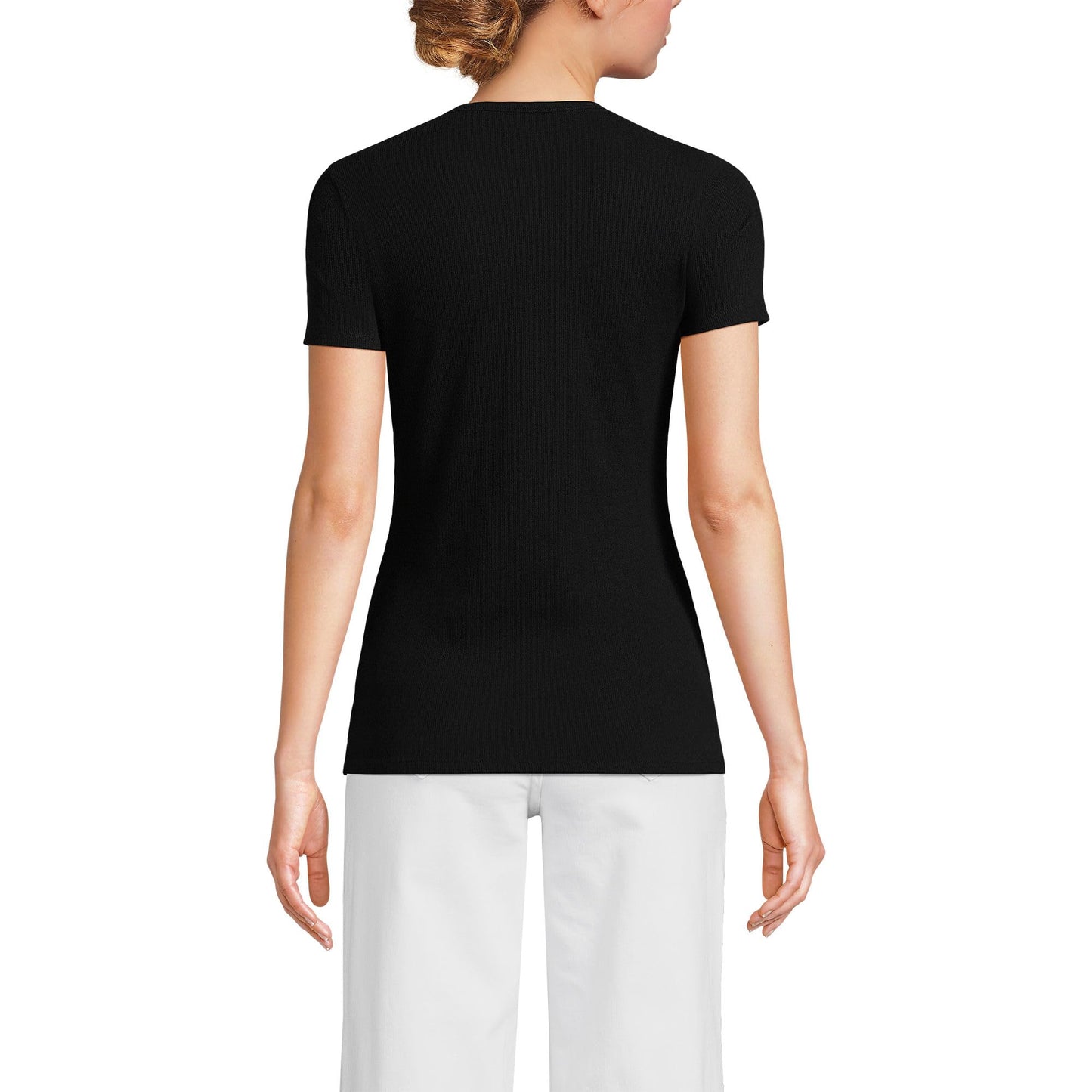 Lands' End Womens Short Sleeve Micro Rib Crew Black Tall Large