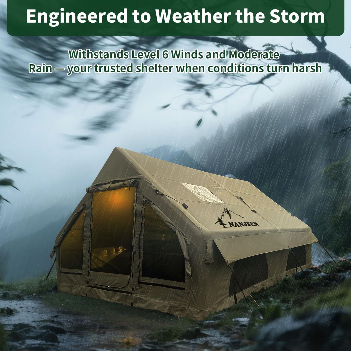 NANJEEN™ | Large Luxury Inflatable Camping Tent,Wind & Rain Resistant,12㎡ Interior,2-4-6-8-10 Person Shelter,8 Minutes Fast Setup with Hand Pump,Chimney Port, Dual Doors,Mosquito-Proof Mesh Windows