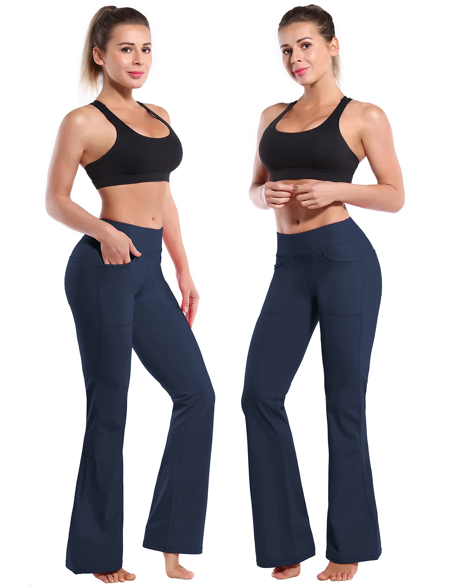 BUBBLELIME 29"/31"/33"/35" 4 Styles Women's High Waist Bootcut Yoga Pants - Out Pockets_DARKNAVY L-35 Inseam