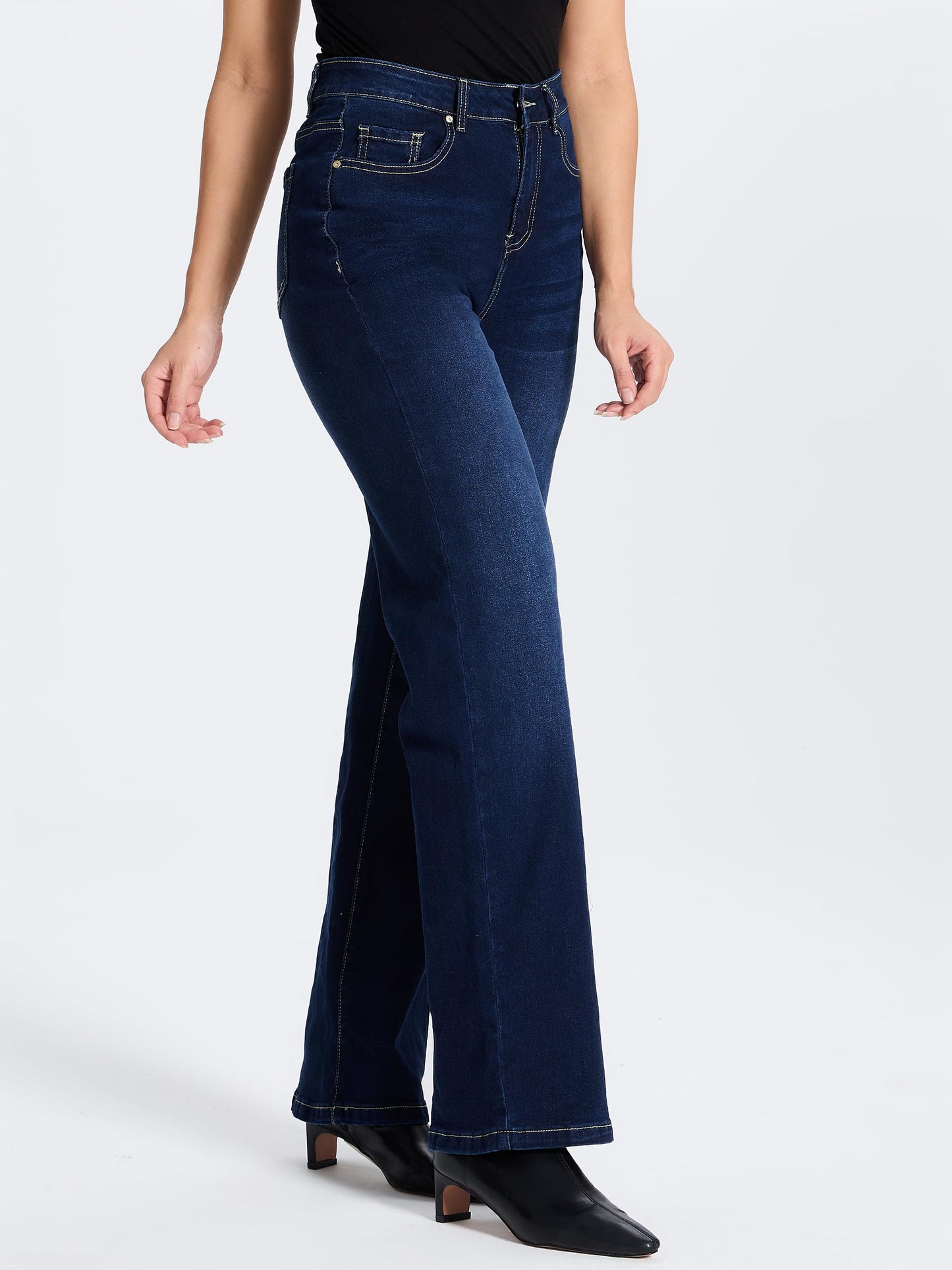 SEVEGO Women's 32"/34"/36" Tall Straight Leg Jeans Mid Waisted Stretchy Loose Denim Pants Casual Baggy Jean Trousers 32'', Dark Blue, L