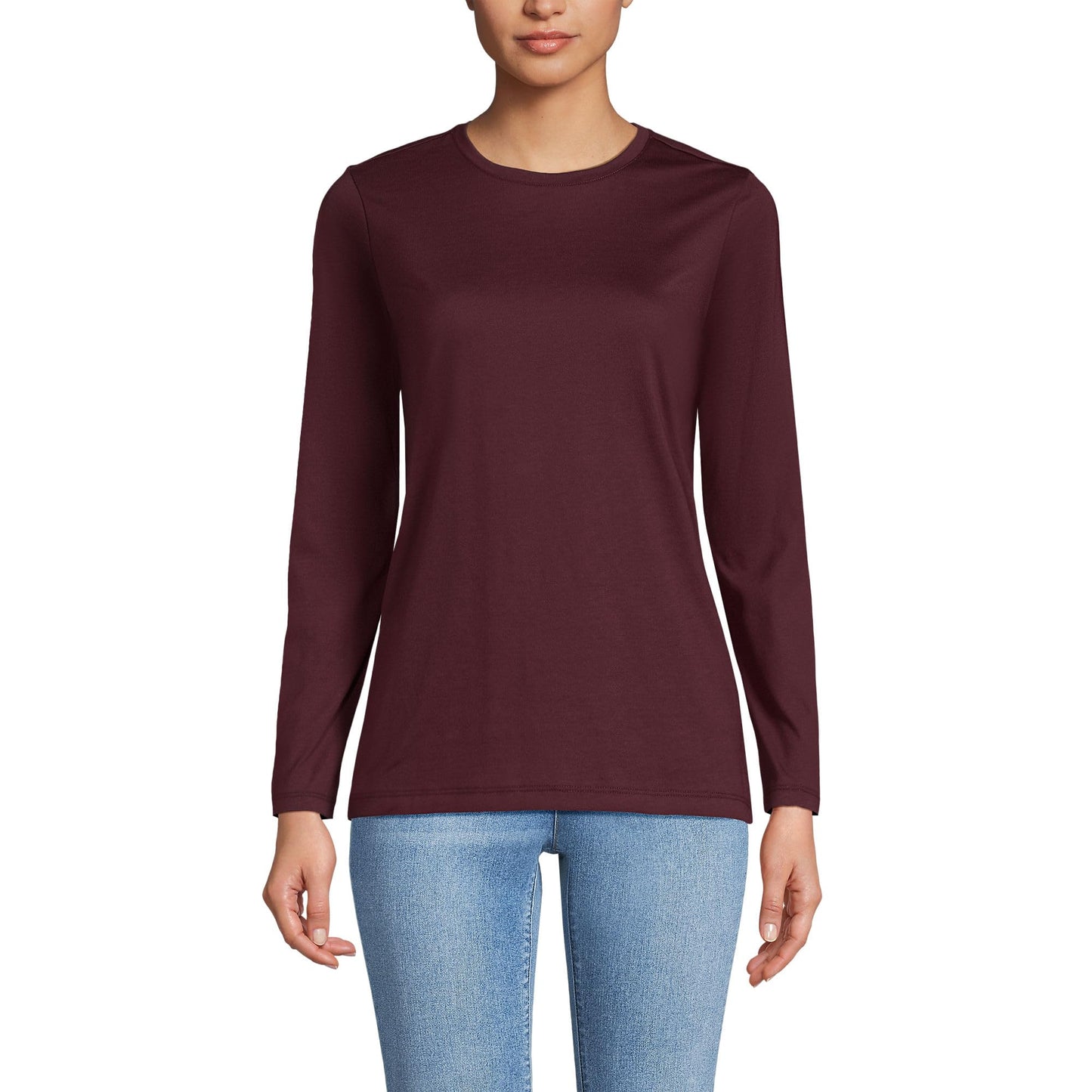 Lands' End Womens Long Sleeve Relaxed Supima Cotton Crew Neck T Shirt Lush Burgundy Tall X-Large
