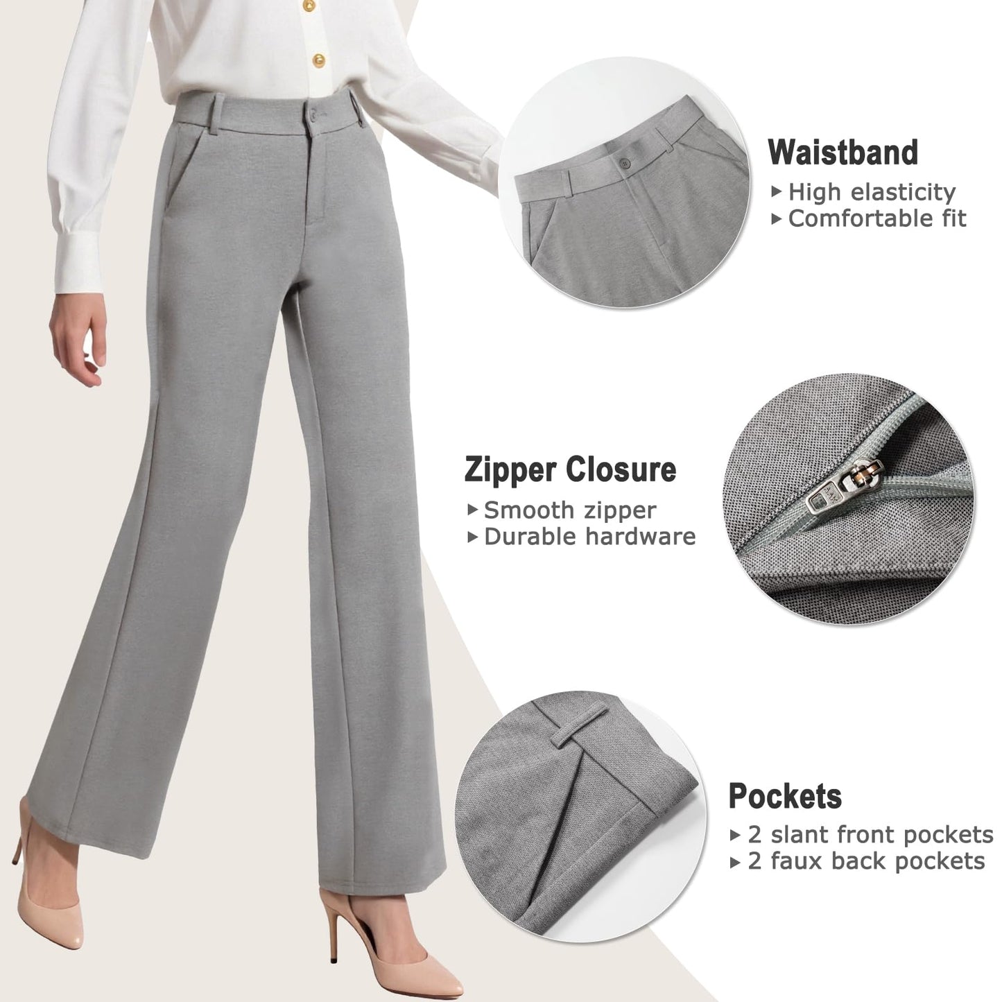 iChosy Womens High Waist Wide Straight Leg Trousers Casual Slacks Dress Pants with Pockets Grey 12 Tall