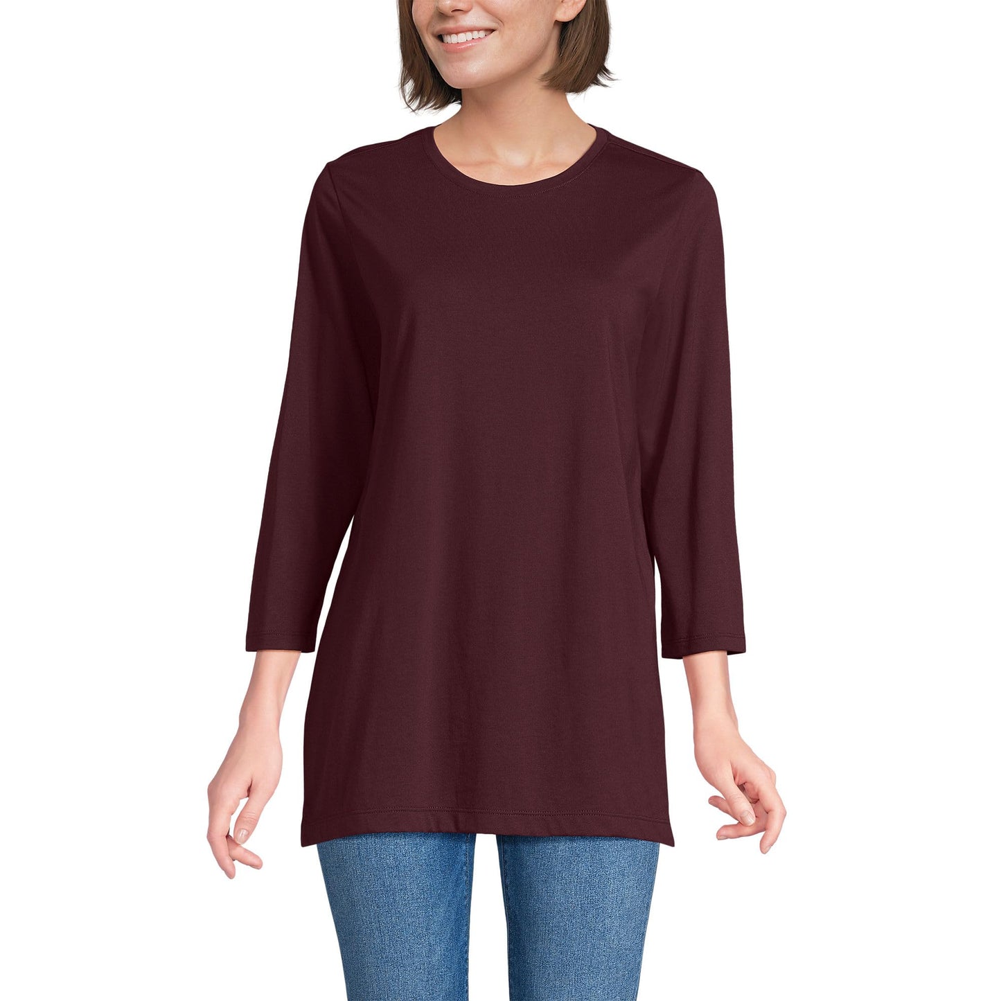 Lands' End Womens 3Q Cotton Supima Crew Neck Tunic Lush Burgundy Tall Small