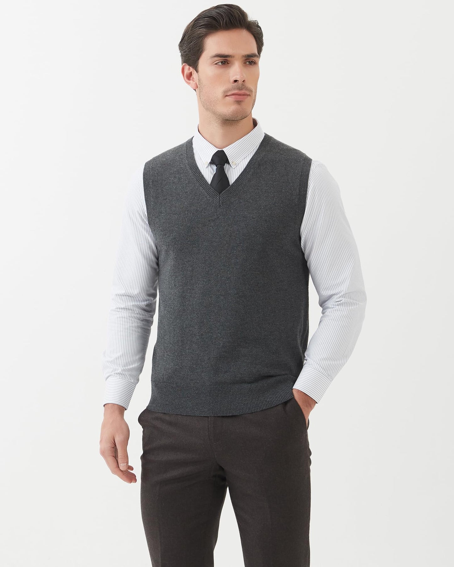 Kallspin Men's Big & Tall Wool Blended Vest Sweater Relaxed Fit V Neck Sleeveless Knitted Pullover (Charcoal L-Tall)