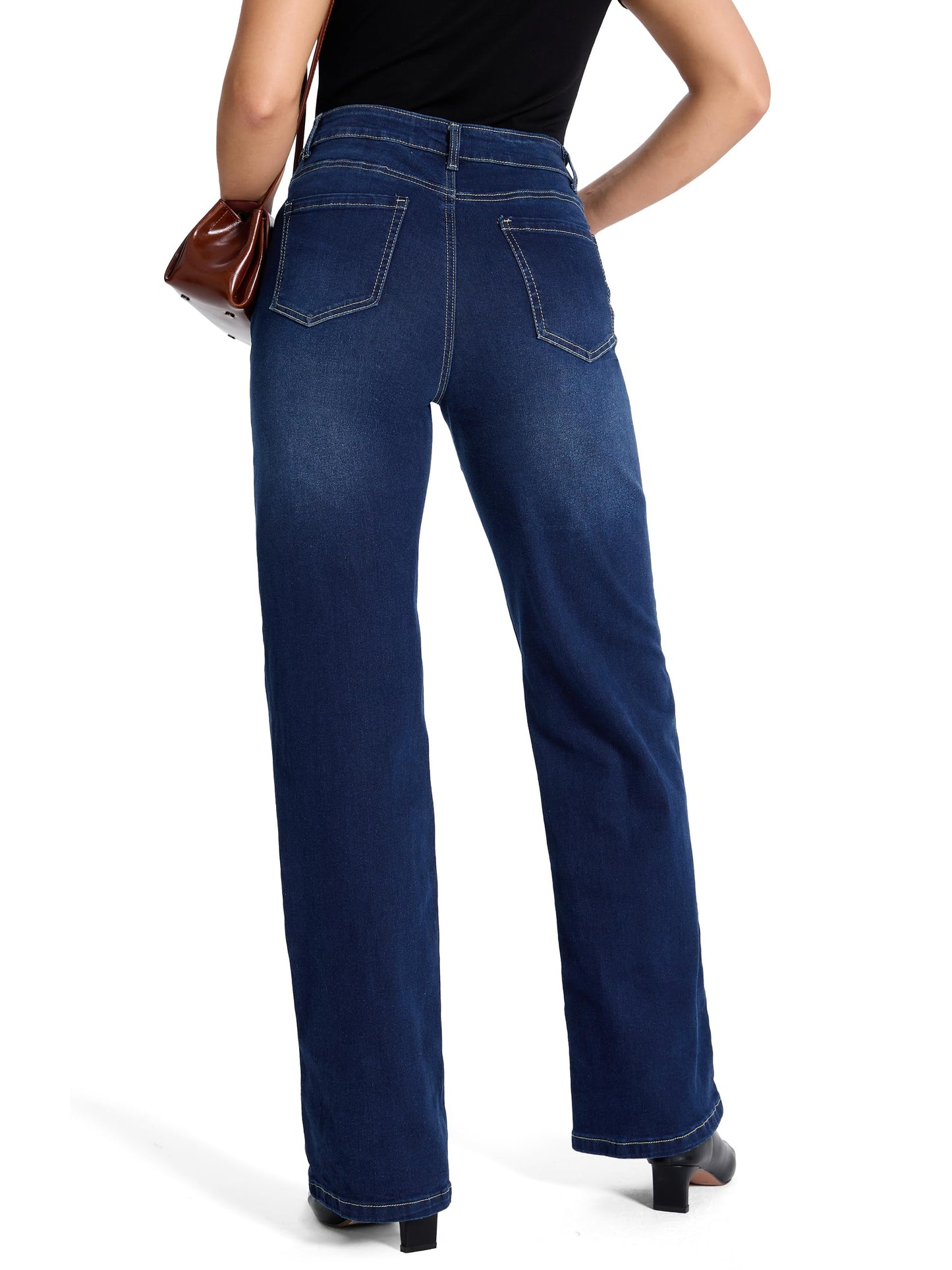 SEVEGO Women's 32"/34"/36" Tall Straight Leg Jeans Mid Waisted Stretchy Loose Denim Pants Casual Baggy Jean Trousers 32'', Dark Blue, L