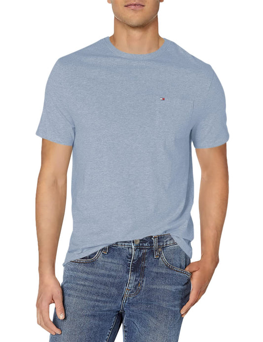 Tommy Hilfiger mens Tommy Hilfiger Men's Short Sleeve Crewneck With Pocket T Shirt, Malaga Blue Heather, 5X-Large Tall US