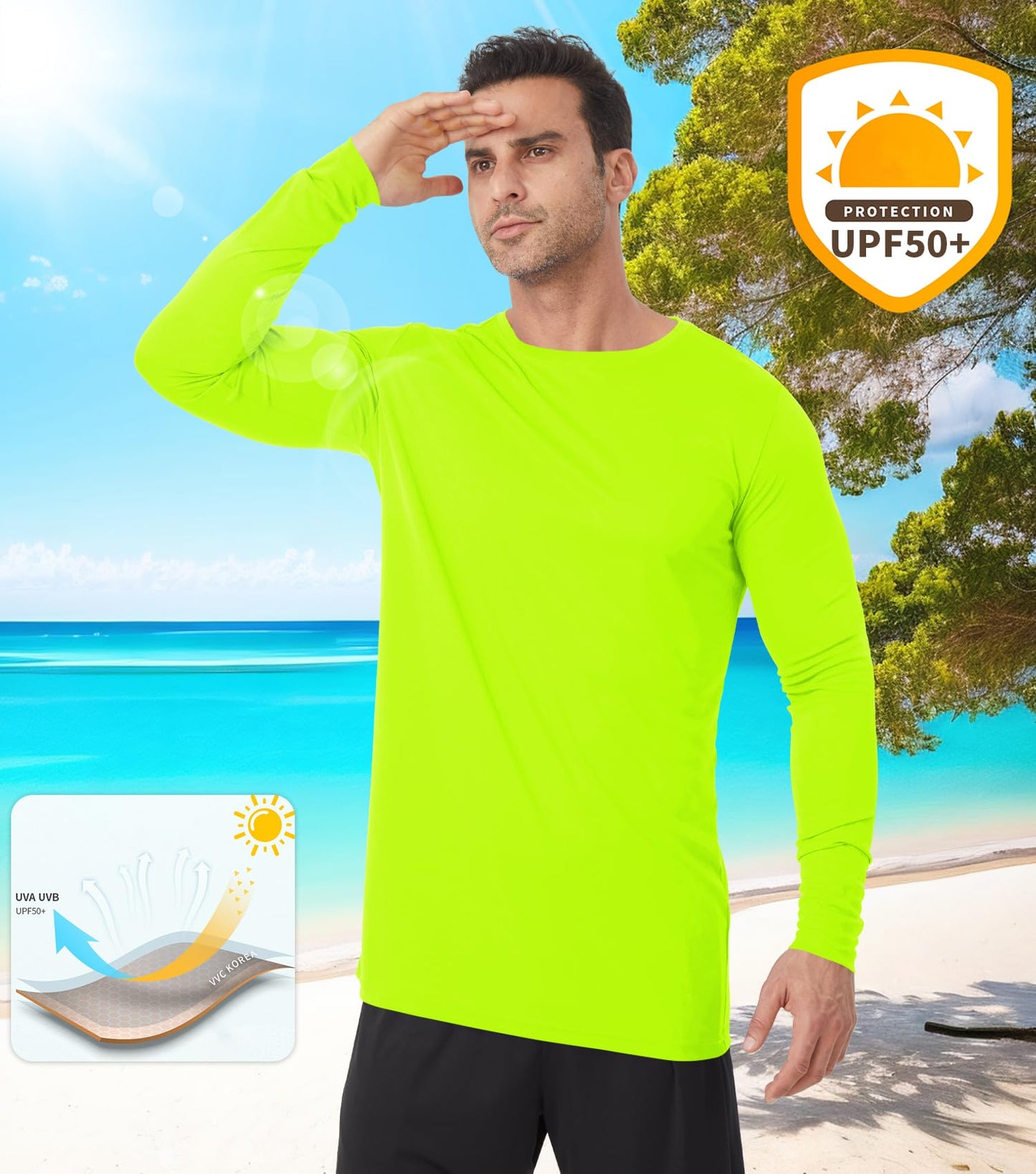 Men's Tall Rash Guard Long Sleeve T Shirts - UPF 50+ Sun Protection Tee Shirt for Fishing, Swim, Hiking Neon Green