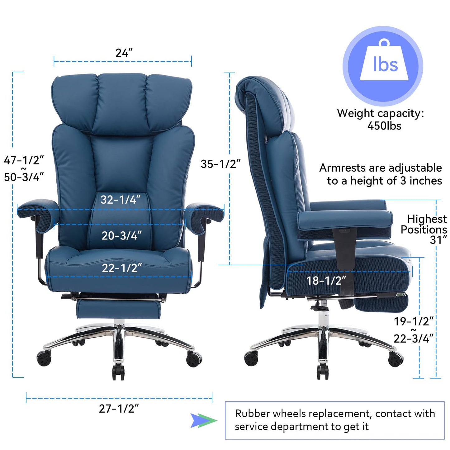 Efomao Ergonomic Office Chair 450LBS with Foot Rest, High Back PU Leather Big and Tall Executive Chair with Adjustable Padded Armrests, Lumbar Support for Home or Work, Heavy Duty Computer Chair, Blue