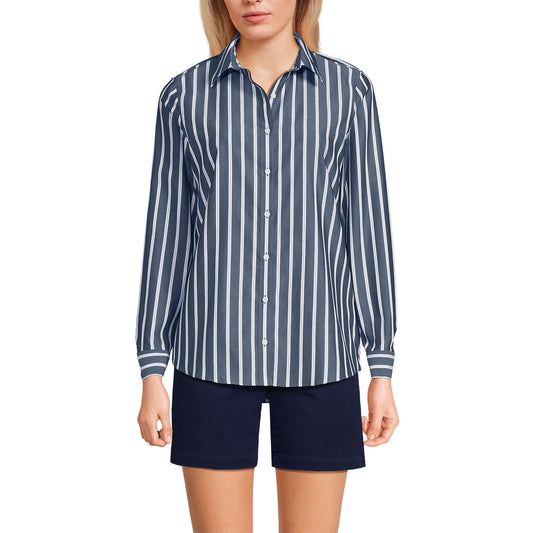 Lands' End Womens LS No Iron Button Front Shirt Navy/White Dual Stripe Tall 14