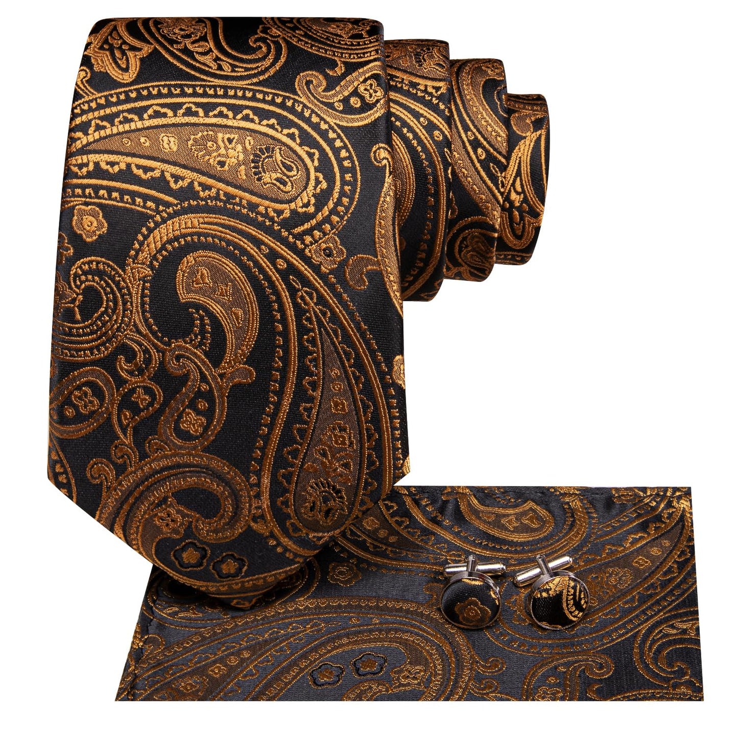 Hi-Tie Black Gold Extra Long Ties for Men 70''Silk Paisly Men's Ties Set Necktie and Pocket Square Cufflinks for Wedding