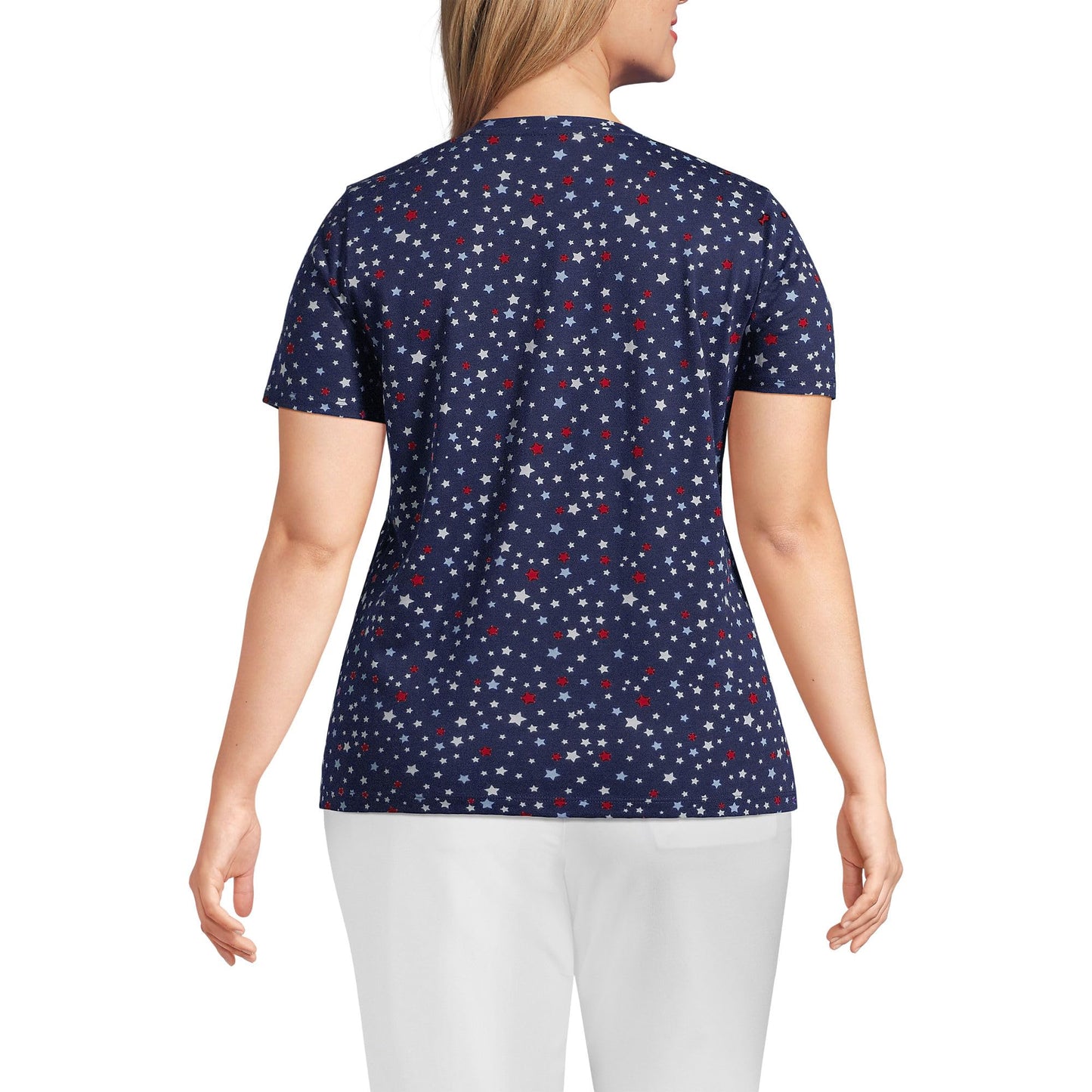 Lands' End Womens SS Relaxed Supima V Neck T Shirt Deep Sea Navy Stars Tall Small
