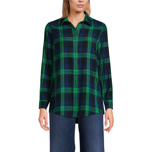 Lands' End Womens Flannel Boyfriend Long Sleeve Shirt Rich Clover/Navy Plaid Tall Small