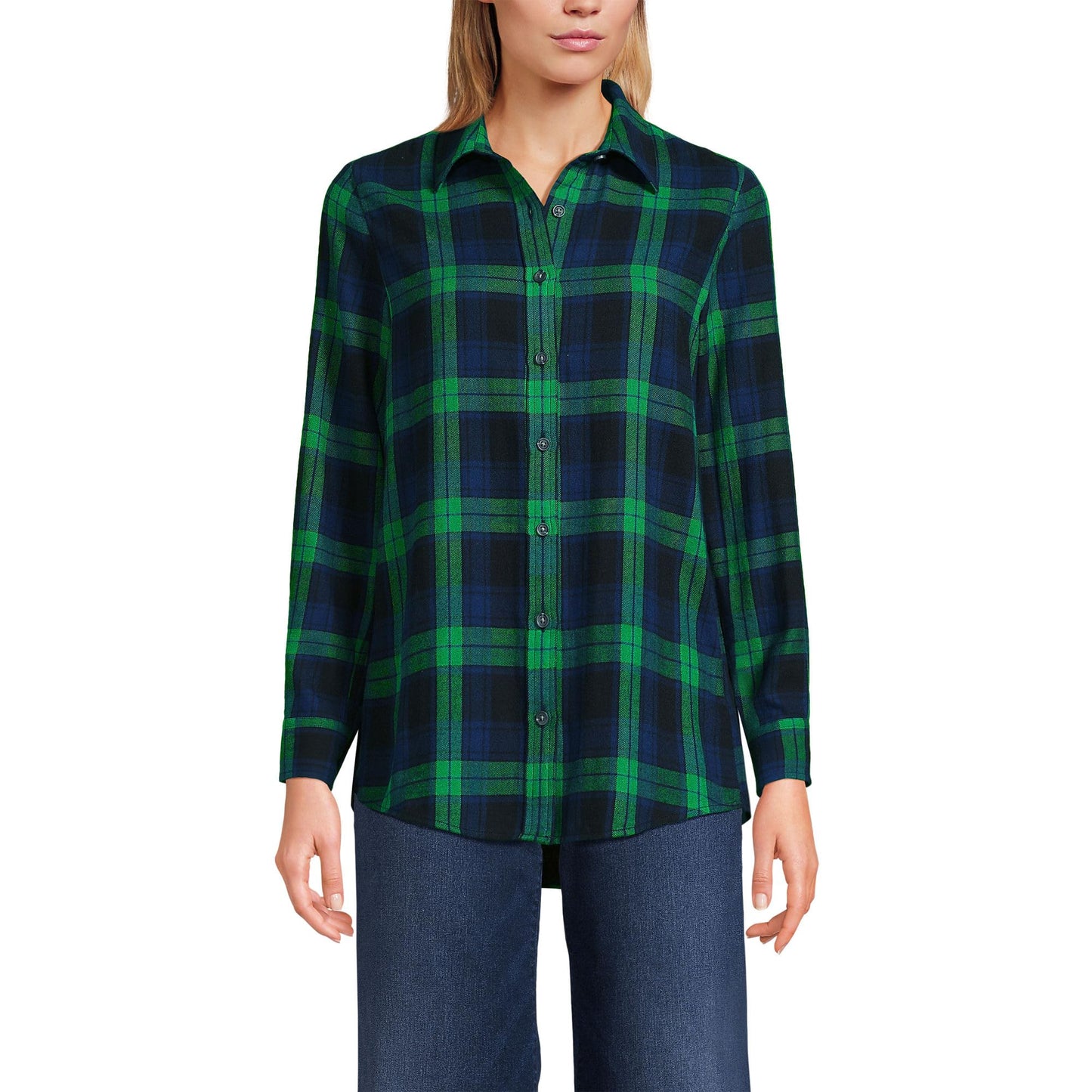Lands' End Womens Flannel Boyfriend Long Sleeve Shirt Rich Clover/Navy Plaid Tall Large